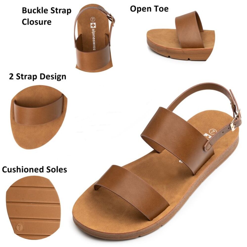 Alpine Swiss Beth Womens Flat Sandals Two Strap Buckle Slides Comfortable Summer - Picture 2 of 7